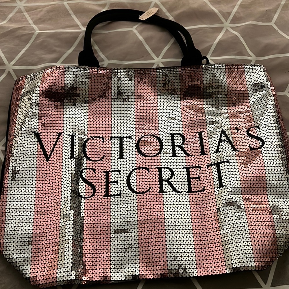 NEW VICTORIA’S SECRET Limited Edition Pink White Striped Sequin Large Tote Bag